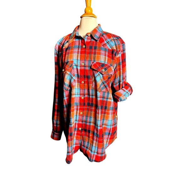 Designed In Italy Blue Plaid Button Up Size 2XL Woman's Flannel western shirt - Picture 11 of 16